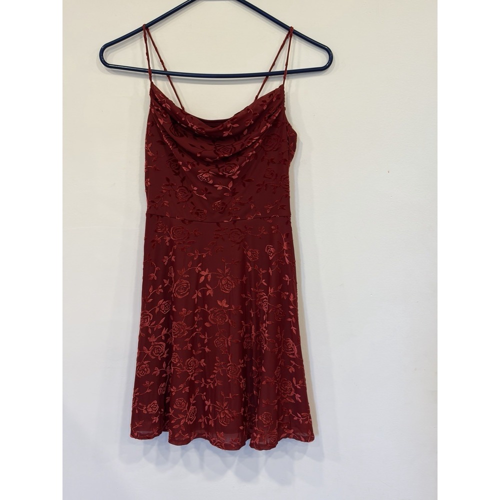 Dress Womens XS Burgundy Velvet Rose Burnout Cowl Neck Mini Whimsigoth